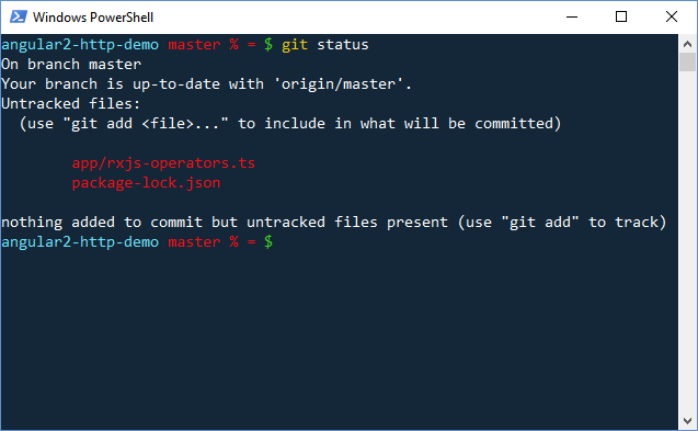 Screenshot of the Windows PowerShell using Pshazz to show Git branch in the command prompt