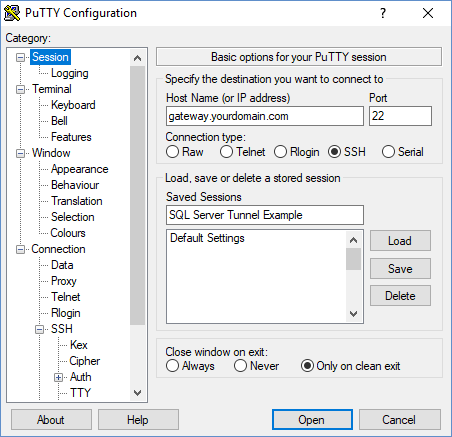 Screenshot of the PuTTY Configuration screen, showing the Session tab