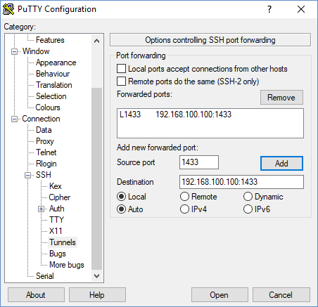 Screenshot of the PuTTY Configuration screen, showing the Port Forwarding tab