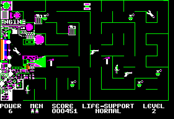 Screenshot of the second level, showing a green maze. At the left side of the maxe is some machinery labeled 'engine'.
